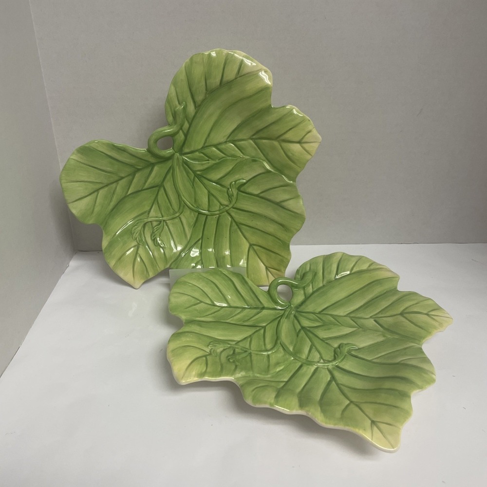 Fitz and Floyd Classics Green Leaf Plates Set of 2 Hand Crafted Ceramic 10 inch